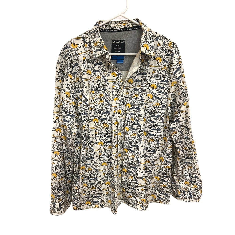 KAVU Mens XL‎ Long Sleeve Button Down Shirt Camping Outdoor Print White Gorpcore